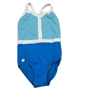 Sylvia P Child 12 One-Piece Gymnastics Leotard Blue & White Colorblock Design